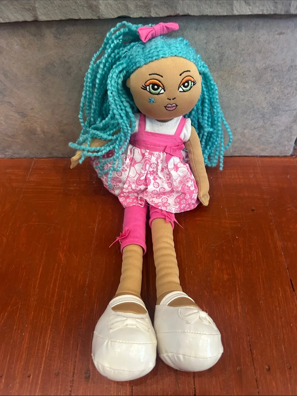 The Children's Place Teal Yarn-Haired Doll in Pink Floral Outfit